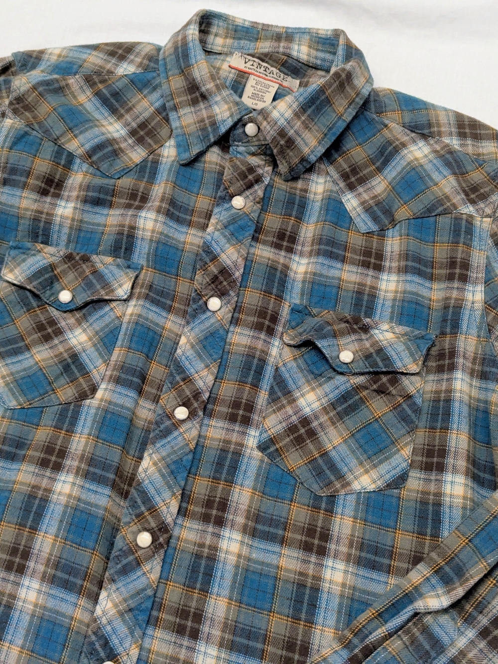 Vintage Blue and Brown Plaid Men's Button-Down Western Cowboy Shirt